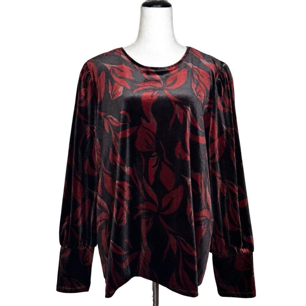 Chicos Velvet Long Sleeve Top Size 4 XXL Pullover Black Red Whimsigoth Modest